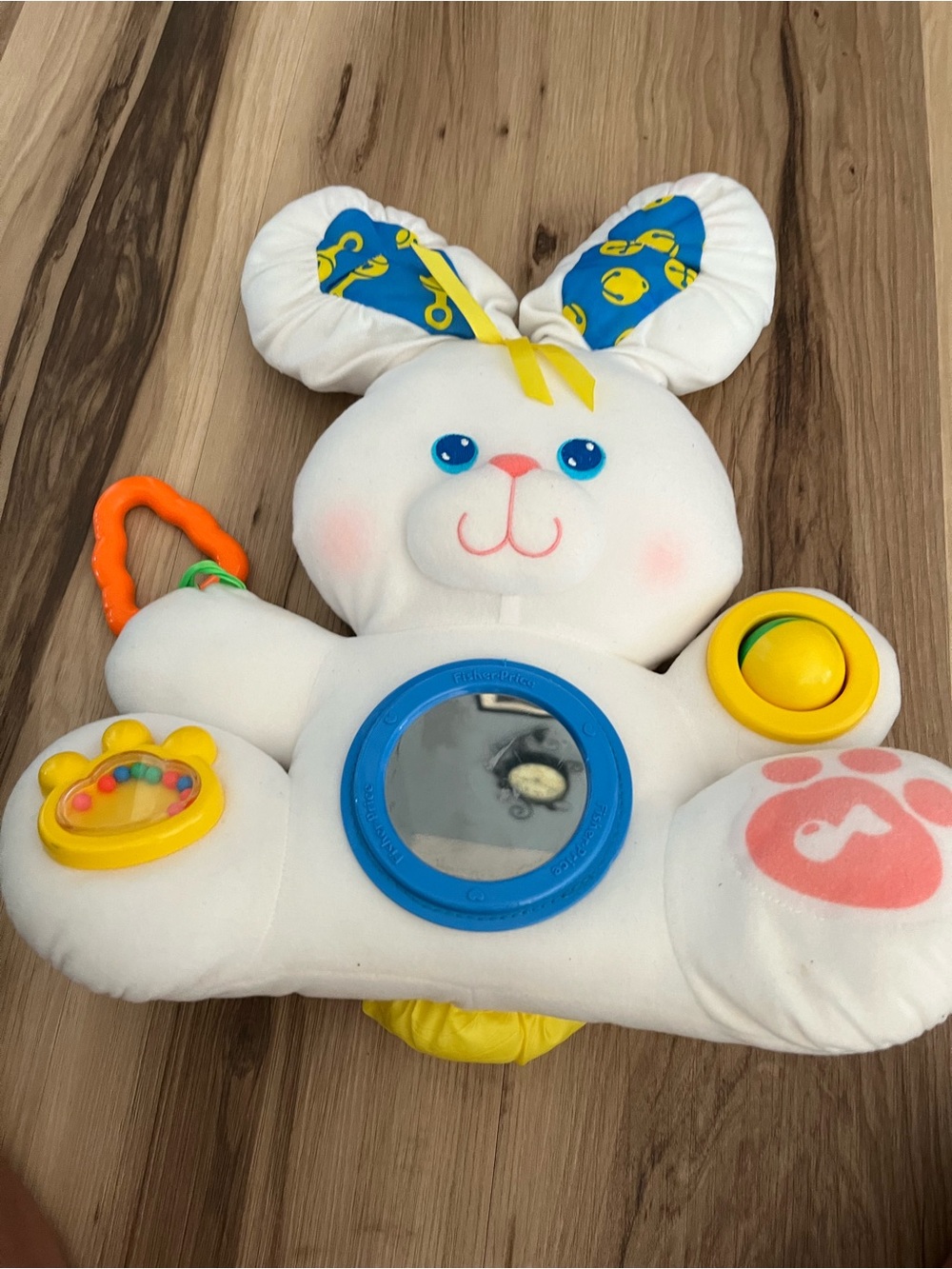 Vtg Fisher Price Activity Bunny Plush White Rabbit Rattle Mirror Squeak 1989